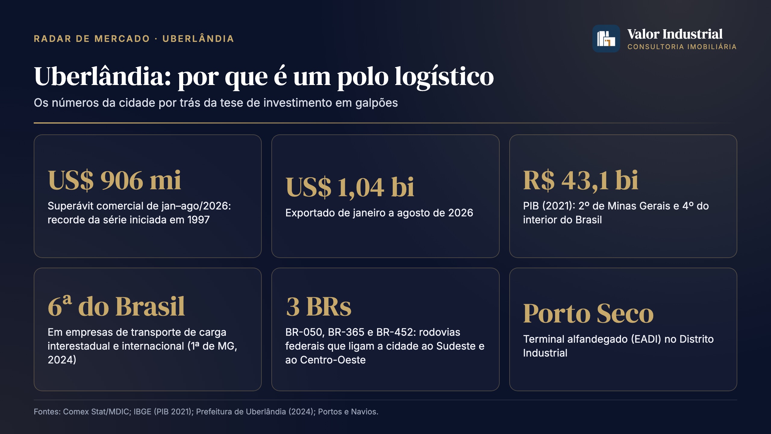 Infográfico — Uberlândia: por que é um polo logístico (superávit de US$ 906 mi, PIB de R$ 43,1 bi, 6ª do Brasil em transportadoras, BR-050, BR-365 e BR-452, Porto Seco)